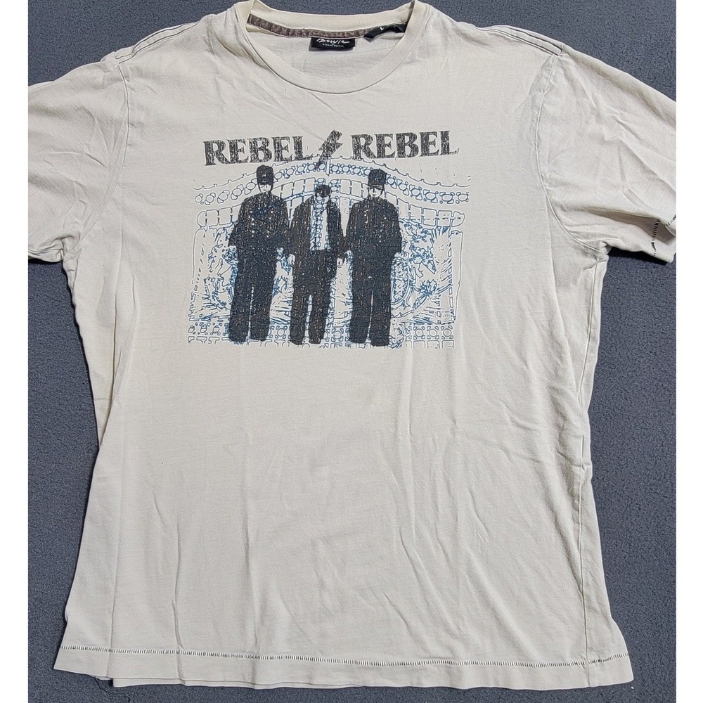 David Bowie Rebel Rebel Graphic T-Shirt Cream‎ Off White Mens Large Rock Tee